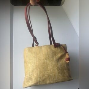 Etienne Aigner Yellow Woven Tote with Red Leather Straps